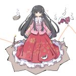  1girl black_hair blush_stickers bow bowl branch cape closed_mouth cowry_shell fur-trimmed_cape fur_trim heart highres houraisan_kaguya jeweled_branch_of_hourai kaguya_hime long_hair long_skirt looking_at_viewer petticoat pink_shirt primsla red_skirt seashell shell shirt skirt smile solo steam taketori_monogatari touhou white_background white_bow 