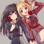  2girls :d ass belt black_hair blonde_hair blue_eyes blush brown_eyes buttons closed_mouth commentary_request eyelashes flower green_ribbon grey_background hair_ribbon hand_up holding holding_flower holding_hands inoue_takina long_hair long_sleeves lycoris_recoil multiple_girls neck_ribbon nishikigi_chisato open_mouth pleated_skirt red_ribbon ribbon simple_background skirt smile tama_two_(fukuya) 