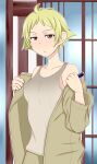  1girl blonde_hair brown_eyes brown_shorts casual commentary covered_nipples erwin_(girls_und_panzer) girls_und_panzer grey_tank_top half-closed_eyes indoors jacket jacket_pull looking_at_viewer no_headwear open_clothes open_jacket parted_lips pointy_hair short_hair shorts shouji sliding_doors solo standing sweat tanaka_rikimaru tank_top undressing 
