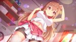  1girl :o arm_up blurry blurry_background blush breasts brown_hair cowboy_shot dutch_angle from_below highres indoors large_breasts long_hair looking_at_viewer midriff miniskirt navel open_mouth original pretty_angel red_eyes red_skirt shirt skirt sleeveless sleeveless_shirt solo standing thighhighs thighs white_shirt 