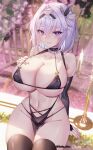  1girl bikini black_bikini black_gloves black_thighhighs blurry blurry_background breasts cleavage commentary_request crossed_bangs elbow_gloves fingerless_gloves gloves grey_hair groin hair_intakes hand_on_own_chest highres huge_breasts hwansang_jungdog looking_at_viewer navel original purple_eyes short_hair sitting smile solo swimsuit thighhighs 