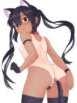  1girl anal_tail animal_ears ass black_hair black_thighhighs blush breasts brown_eyes cat_ears cat_tail collar commentary_request fake_animal_ears fake_tail from_behind gloves hair_between_eyes hand_on_own_ass hiyoshipow k-on! long_hair looking_back nakano_azusa nipples red_collar sidelocks simple_background single_glove small_breasts solo standing tail tan tanlines thighhighs twintails white_background 