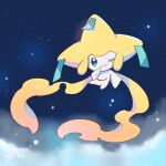  ;) above_clouds closed_mouth cloud commentary_request full_body green_eyes hand_up jandara_rin jirachi looking_at_viewer night no_humans one_eye_closed outdoors pokemon pokemon_(creature) signature sky smile solo star_(sky) 