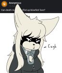  2023 anthro ask_blog big_ears black_clothing canid canine chain clothed clothing collar death_(whitev) dialogue female fur hair hi_res hoodie inner_ear_fluff looking_at_viewer mammal puffed_cheeks shadowed_eyes solo text topwear tuft white_body white_fur whitev 