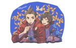 1boy 1girl :d ;d ace_attorney antenna_hair apollo_justice apollo_justice_(stylin&#039;_street_clothes) arm_rest badge blue_background blue_eyes blue_jacket border bracelet brother_and_sister brown_eyes brown_hair bubble_tea button_badge buttons highres hood hood_down hooded_jacket jacket jewelry kaeru_(qingwali) looking_at_another matching_outfits nostrils one_eye_closed open_mouth rabbit red_jacket red_scarf scarf shirt short_hair siblings sleeves_rolled_up smile swept_bangs trucy_wright white_border white_shirt 
