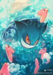  ^_^ air_bubble amehatobook bubble chinese_commentary closed_eyes commentary_request gengar grin innertube luvdisc no_humans pokemon pokemon_(creature) ripples seaweed smile teeth underwater watermark 