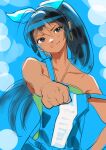  1girl bare_arms blue_hair blue_shirt blush bow brown_hair bukimi_isan character_request check_copyright clenched_hand closed_mouth collarbone copyright_request earrings green_pants hair_bow jewelry off_shoulder pants ponytail shirt shy_(series) smile solo two-tone_shirt upper_body white_bow white_shirt 
