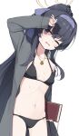  1girl bags_under_eyes bikini black_bikini black_hair blue_archive blue_eyes blue_hairband blush book breasts cardigan cowboy_shot grey_cardigan hairband halo highres holding holding_book jewelry long_hair miso_(misomiso_154) navel necklace official_alternate_costume one_eye_closed open_cardigan open_clothes parted_lips ponytail simple_background small_breasts solo sweat swimsuit ui_(blue_archive) ui_(swimsuit)_(blue_archive) very_long_hair wavy_mouth white_background 