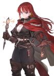 1girl belt boots braid breasts brown_gloves choker cleavage cloak gloves hair_ribbon highres jewelry jun_(seojh1029) large_breasts long_hair looking_at_viewer original pendant purple_eyes red_cloak red_hair ribbon solo thigh_boots wand weapon 