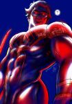  1boy ? abs arm_blade bara blue_bodysuit bodysuit chromatic_aberration dark-skinned_male dark_skin glowing glowing_eyes hair_slicked_back highres large_pectorals looking_down male_focus mariyaelizabeth marvel miguel_o&#039;hara muscular muscular_male pectorals print_bodysuit red_bodysuit red_eyes skin_tight solo spider-man:_across_the_spider-verse spider-man_(2099) spider-man_(series) spoken_question_mark thick_eyebrows two-tone_bodysuit weapon 