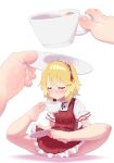  1girl apron barefoot between_toes blonde_hair blush closed_eyes cup feet idolmaster idolmaster_cinderella_girls idolmaster_cinderella_girls_u149 maid_apron maid_headdress maidforge medium_hair sakurai_momoka soles solo teacup toe_scrunch toenails toes 