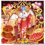  1girl alternate_costume bat_wings black_footwear blue_hair commentary copyright_name english_commentary floral_print food full_body fur_trim furisode game_cg hair_ornament hair_ribbon holding holding_umbrella indoors japanese_clothes kimono looking_at_viewer macaron new_year open_mouth red_eyes red_ribbon red_umbrella remilia_scarlet remilia_scarlet_(vampire_praying_for_good_health) ribbon rotte_(1109) short_hair solo standing table third-party_source touhou touhou_lost_word umbrella wings 