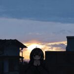  1girl absurdres black_eyes black_hair black_jacket building cloud hands_up highres house jacket looking_at_viewer original outdoors own_hands_together power_lines short_hair sky solo sun sunrise uniunimikan upper_body winter_clothes 