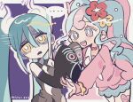  ... 2girls :d annoyed artist_name averting_eyes black_sleeves blue_eyes blue_hair blue_skirt blush border choker colored_eyelashes commentary curly_hair detached_sleeves fairy_miku_(project_voltage) flower frown ghost_miku_(project_voltage) grey_shirt hair_between_eyes hair_flower hair_ornament hatsune_miku heart heart_choker highres long_hair long_sleeves mayoi_zzz miniskirt multicolored_hair multiple_girls nail_polish neckerchief necktie open_mouth outstretched_arms pale_skin pink_choker pink_hair pink_nails pink_sweater plaid plaid_skirt pokemon print_sleeves project_voltage pushing_away red_flower scrunchie shaded_face shirt sidelocks skirt sleeveless sleeveless_shirt sleeves_past_fingers sleeves_past_wrists smile spoken_ellipsis sweater symbol-only_commentary twintails two-tone_hair very_long_hair vocaloid white_neckerchief white_necktie wrist_scrunchie yellow_eyes yellow_flower yellow_scrunchie 