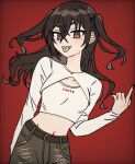  1girl belt black_nails breasts brown_eyes brown_hair cowboy_shot crossed_bangs green_pants groin hair_between_eyes hamuchosu hand_up idolmaster idolmaster_cinderella_girls index_finger_raised long_hair looking_at_viewer midriff mole mole_under_eye navel open_mouth pants red_background sharp_teeth shirt shrug_(clothing) sidelocks simple_background small_breasts solo sunazuka_akira teeth tongue tongue_out two_side_up upper_teeth_only white_shirt 