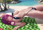  1girl alexander_dinh arched_back beach breasts condom condom_wrapper day eyewear_on_head honkai:_star_rail honkai_(series) huge_breasts kafka_(honkai:_star_rail) long_hair looking_at_viewer navel outdoors purple_eyes purple_hair round_eyewear shiny_skin slingshot_swimsuit solo sunglasses swimsuit wet 