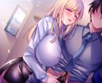  1boy 1girl aizawa_chihiro black_skirt blonde_hair blue_necktie blurry blurry_background breasts censored collared_shirt faceless faceless_male hair_over_shoulder huge_breasts long_hair mosaic_censoring necktie official_art original parted_lips pencil_skirt penis penis_grab purple_eyes shirt short_hair skirt sweat white_shirt 