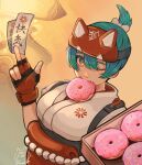  1girl animification artist_name blue_hair box commentary doughnut fang fingerless_gloves food food_in_mouth gloves headgear highres japanese_clothes kimono kiriko_(overwatch) leaning_back looking_at_viewer obi oinu-chan one_eye_closed overwatch overwatch_2 ponytail purple_eyes red_gloves sash solo symbol-only_commentary talisman upper_body white_kimono 