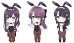  2023 3girls :&lt; :d :o animal_ears ankle_bow ao_no_neko belt black_bow black_bowtie black_hair black_pantyhose blue_eyes boots bow bowtie chibi chinese_zodiac cropped_jacket detached_sleeves fang frilled_leotard frills hair_bow hair_ornament hairband hairclip hand_on_own_chest hand_on_own_hip highres jacket leotard long_hair multiple_girls new_year open_clothes open_jacket original pantyhose playboy_bunny ponytail puffy_short_sleeves puffy_sleeves purple_hair rabbit_ears short_sleeves sidelocks simple_background smile thigh_belt thigh_strap white_background wrist_cuffs x_hair_ornament year_of_the_rabbit 