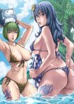  2girls adjusting_clothes adjusting_swimsuit arms_up ass ball beach beachball bikini blue_bikini blue_eyes blue_hair blue_innertube blue_sky bob_cut brandish_mu breasts brown_bikini cloud cross_hair_ornament dakushido day facing_away fairy_tail flower green_eyes green_hair grey_hair hair_flower hair_ornament highres holding holding_ball holding_beachball innertube juvia_lockser large_breasts leg_tattoo long_hair looking_at_viewer looking_back medium_hair multiple_girls nipple_slip nipples outdoors palm_tree parted_lips partially_submerged short_hair side-tie_bikini_bottom sky swimsuit tattoo tree water yellow_flower 