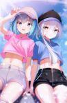  2girls alternate_costume belly blue_eyes blue_hair crop_top green_eyes hair_between_eyes hat highres ico_(megaman_x_dive) lgn_roseta looking_at_viewer mega_man_(series) mega_man_x_(series) mega_man_x_dive multiple_girls navel rico_(mega_man) shorts sitting sky white_hair zipper 