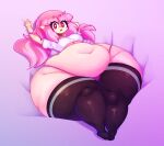  belly big_belly big_breasts breasts elise_(mysterydad) female hair hi_res huge_thighs humanoid humanoid_pointy_ears hyper hyper_thighs looking_at_viewer lying mysterydad navel not_furry on_back open_mouth overweight overweight_female overweight_humanoid pink_hair red_eyes solo thick_thighs under_boob vampire wide_hips 