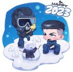  2023 2boys black_gloves black_hair black_scarf blue_jumpsuit blush gas_mask gloves hamzraider happy_new_year highres jumpsuit looking_at_another male_focus mask multiple_boys mute_(rainbow_six_siege) open_mouth rainbow_six_siege scarf short_hair sidecut smoke_(rainbow_six_siege) snow snowball snowflakes snowing snowman 