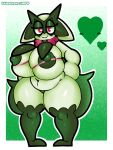  &lt;3 alexdraws anthro areola belly big_breasts breasts domestic_cat elemental_creature felid feline felis female generation_9_pokemon green_areola green_body green_nipples huge_breasts looking_at_viewer mammal meowscarada nintendo nipples overweight overweight_anthro overweight_female pokemon pokemon_(species) red_eyes simple_background smile solo thick_thighs 