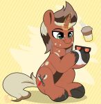  beverage brown_body brown_fur coffee equid equine eyewear fan_character feral fur glasses green_eyes hair hasbro hi_res joaojohndraws macchiato_(231er34) magic male mammal multicolored_hair my_little_pony simple_background solo white_spikes yellow_background 