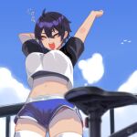  1girl :d ahoge arms_up black_hair blue_shorts blue_sky blue_thighhighs blush bra breasts closed_eyes cloud hair_between_eyes hunyan large_breasts midriff navel open_mouth original shirt short_sleeves shorts sky smile solo stretching thighhighs underwear 