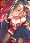  1girl :q akai_haato akai_haato_(3rd_costume) bare_shoulders bikini black_bikini black_jacket blonde_hair blue_eyes breasts brown_thighhighs cherry collarbone cosplay finger_to_mouth food fruit hair_ribbon heart heart-shaped_pupils highres hololive houshou_marine houshou_marine_(1st_costume) houshou_marine_(cosplay) index_finger_raised jacket large_breasts layered_bikini leotard long_hair looking_at_viewer miniskirt navel one_side_up open_clothes open_jacket pleated_skirt red_bikini red_ribbon red_skirt ribbon sitting skindentation skirt smile solo swimsuit symbol-shaped_pupils thighhighs tongue tongue_out very_long_hair virtual_youtuber wariza zacky zettai_ryouiki 
