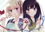  2girls :d black_hair blonde_hair blue_shirt blush bob_cut closed_mouth commentary_request hair_ribbon highres holding holding_paintbrush index_finger_raised inoue_takina long_hair looking_at_viewer lycoris_recoil multiple_girls nishikigi_chisato official_alternate_costume one_side_up open_mouth overalls paint_on_body paintbrush purple_eyes red_eyes red_ribbon ribbon sango_(sango3_3) shirt short_hair short_sleeves sidelocks simple_background smile strap_slip upper_body white_background white_shirt yuri 