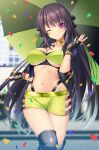  1girl ;) ao_no_kanata_no_four_rhythm black_gloves black_hair black_jacket black_panties black_ribbon black_thighhighs blurry blurry_background blush bra breasts choker cleavage closed_mouth commentary_request commission confetti cowboy_shot emanon123 fingerless_gloves frilled_ribbon frills gloves green_bra green_choker green_shorts green_umbrella hair_ribbon hand_up highres holding holding_umbrella jacket large_breasts long_hair looking_at_viewer midriff navel one_eye_closed panties purple_eyes race_queen ribbon second-party_source shiny_skin short_shorts shorts skeb_commission smile solo stomach straight_hair thigh_gap thighhighs tobisawa_misaki umbrella underwear very_long_hair 