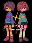  2others black_background black_shirt black_shorts blue_shirt blue_sweater blush_stickers brown_footwear brown_hair chara_(undertale) closed_eyes closed_mouth copyright_name frisk_(undertale) green_sweater heart heart_necklace highres holding holding_knife holding_stick jewelry knife menma_(enaic31) multiple_others necklace red_eyes shirt short_hair shorts simple_background smile socks stick sweater undertale white_socks 