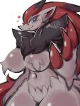 &lt;3 2023 absurd_res anthro big_breasts black_body black_fur blue_eyes blush breasts canid canine chest_tuft claws crotch_tuft female fox fur generation_5_pokemon grey_body grey_fur hi_res licking licking_lips mammal naturally_censored navel nintendo nipple_tuft nyaswitchnya pokemon pokemon_(species) portrait red_body red_fur solo three-quarter_portrait tongue tongue_out tuft wide_hips zoroark 