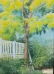  bush fence flower highres miyuchan777 no_humans original painting_(medium) pink_flower scenery traditional_media tree watercolor_(medium) 