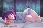  1girl bare_legs barefoot blue_shirt blush can cityscape commentary dolphin_shorts english_commentary full_body highres holding holding_can indoors jill_stingray long_sleeves looking_at_viewer lying night on_bed on_side pajamas patreon_username print_shirt purple_eyes purple_hair rtil shirt shorts solo star_(symbol) star_print va-11_hall-a window 