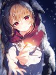  1girl blush brown_hair closed_mouth commentary_request fire frills hair_between_eyes highres holding hood little_match_girl long_hair long_sleeves looking_ahead lying matches on_side original red_eyes shirt smile snow snow_on_head snowing solo suimya white_shirt 