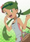  1girl :d basket berry_(pokemon) dark-skinned_female dark_skin eyelashes flower gradient_background green_eyes green_hair green_headband grey_overalls headband long_hair looking_at_viewer mallow_(pokemon) mixed-language_commentary noelia_ponce open_mouth overalls pink_flower pink_shirt pokemon pokemon_(game) pokemon_sm shirt smile solo swept_bangs teeth tongue twintails upper_teeth_only 