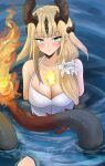  1girl arknights bathing blonde_hair blush breasts cleavage dokonjou_(odossan) dragon_horns dragon_tail dress fire flame-tipped_tail flower green_eyes hair_flower hair_ornament highres horns large_breasts long_hair looking_at_viewer no_bodystocking reed_(arknights) reed_the_flame_shadow_(arknights) smile solo tail water white_dress white_flower 