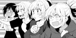  4girls aqua_(konosuba) blush center_frills chris_(konosuba) clenched_hands collarbone darkness_(konosuba) frills gaijin_4koma_(meme) greyscale hair_ornament hairclip hands_up izawa_(bhive003) kono_subarashii_sekai_ni_shukufuku_wo! long_hair long_sleeves meme monochrome multiple_girls open_mouth ponytail shirt_tucked_in short_hair short_sleeves skirt surprised sweater yunyun_(konosuba) 