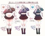  1girl arrow_(symbol) black_footwear black_skirt black_sweater blush boots breasts covered_navel cropped_sweater emoji fat green_eyes grey_hair heart large_breasts long_hair medium_breasts navel original pleated_skirt plump pout skirt smile sparkle speech_bubble sweater toro_(tororo) translation_request weight weight_gain 