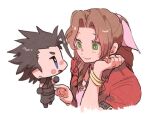  1boy 1girl aerith_gainsborough armor belt black_gloves black_hair black_pants blue_eyes bracelet brown_footwear brown_hair buckle buttons chibi curly_hair earrings final_fantasy final_fantasy_vii gloves gold_bracelet green_eyes hair_ribbon hand_to_own_face jacket jewelry long_hair medium_hair messy_hair open_clothes open_jacket pants pauldrons pink_ribbon red_jacket ribbon shoulder_armor sleeveless sleeveless_turtleneck smile spiked_hair stud_earrings tasituma2 turtleneck wavy_hair world_of_final_fantasy zack_fair 