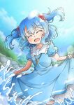 1girl absurdres blue_dress blue_sky closed_eyes cloud commentary dress facing_viewer hair_bobbles hair_ornament highres kawashiro_nitori key korean_commentary open_mouth outdoors qudtjr4682 short_hair short_sleeves sky smile solo teeth touhou two_side_up upper_teeth_only wading 