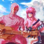  1boy 1girl blue_eyes bocchi_the_rock! closed_eyes cloud day english_commentary filthy_frank gotou_hitori guitar hair_ornament highres holding holding_instrument hood hood_up instrument jacket jackety long_hair music one_side_up open_clothes open_jacket pink_hair pink_jacket playing_instrument sincostine sitting sky sparkle tvfilthyfrank 