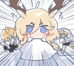  1girl ? ahoge animal_ears antlers arknights blonde_hair blue_eyes blush body_pillow chibi deer_antlers deer_ears deer_girl emphasis_lines english_commentary fumo_(doll) hair_between_eyes highres long_hair nearl_(arknights) nearl_the_radiant_knight_(arknights) pillow quanx70909457 stuffed_toy under_covers viviana_(arknights) waking_up 