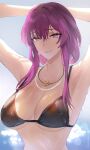  1girl absurdres armpits arms_behind_head arms_up bead_necklace beads bikini blush breasts earrings highres honkai:_star_rail honkai_(series) jewelry kafka_(honkai:_star_rail) large_breasts long_hair looking_at_viewer necklace purple_eyes purple_hair smile solo swimsuit tommy_(kingdukeee) wet 