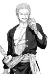  1boy bandana bandana_around_arm bare_pectorals coat cowboy_shot earrings green_hair greyscale haramaki highres holding holding_sword holding_weapon jewelry looking_at_viewer male_focus monochrome one_eye_closed one_piece open_clothes over_shoulder pectorals roronoa_zoro sash scar scar_across_eye scar_on_chest scar_on_face short_hair sideburns single_earring smile solo sword sword_over_shoulder toned toned_male triple_wielding weapon weapon_over_shoulder yayarunaway 