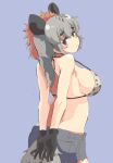  1girl animal_ears animal_print back bikini bikini_top_only black_gloves blush breasts brown_hair closed_mouth colored_inner_hair double-parted_bangs extra_ears from_side gloves grey_background grey_eyes grey_hair hair_between_eyes head_tilt hyena_ears hyena_girl hyena_tail kemono_friends large_breasts light_brown_hair long_hair looking_at_viewer multicolored_hair outstretched_arms print_bikini short_shorts shorts sideboob simple_background solo spotted_hyena_(kemono_friends) strap_gap swimsuit tail tanne 