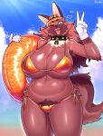  anthro big_breasts bikini breasts brown_body brown_fur canid canine canis clothing cloud collar crotch_tuft demon domestic_dog eyeshadow female fur hat headgear headwear hi_res huge_breasts inflatable inner_tube keisatsu_dog_(sususuigi) kemono looking_at_viewer makeup mammal one_eye_closed outside smile solo standing sun sususuigi swimwear thick_thighs tuft wink winking_at_viewer 